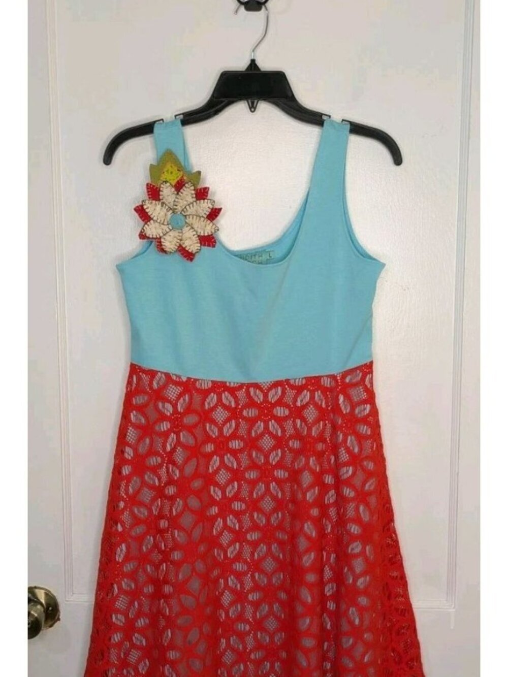 NWT Judith March Size Large Pin Up Dress Aqua Red Lace Flower Applique Pin
